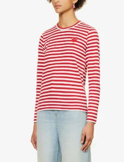 Comme Des Garçons Play Heart-embroidered Striped Cotton-jersey Top -Whistles Store 143 2000022 P1T163 S REDWHITE ALT02