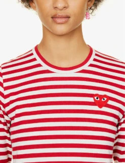 Comme Des Garçons Play Heart-embroidered Striped Cotton-jersey Top -Whistles Store 143 2000022 P1T163 S REDWHITE ALT04