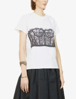 Alexander McQueen Lace-print Cotton-jersey T-shirt -Whistles Store R03851336 WHITEBLACK ALT02