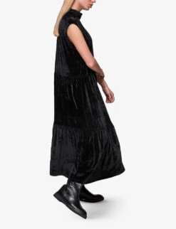 Whistles Tiered Stretch-velvet Midi Dress -Whistles Store R03851435 BLACK ALT04