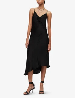 AllSaints Alexia Asymmetric Recycled-polyester Midi Dress -Whistles Store R03885690 BLACK ALT02