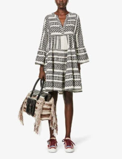 Devotion Twins Ella Flared-sleeve Cotton Mini Dress 8 Devotion Twins Ella Flared-sleeve Cotton Mini Dress -Whistles Store R03886532 BLACKOFFWHITE ALT01