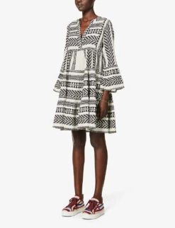 Devotion Twins Ella Flared-sleeve Cotton Mini Dress 9 Devotion Twins Ella Flared-sleeve Cotton Mini Dress -Whistles Store R03886532 BLACKOFFWHITE ALT02