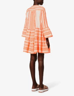 Devotion Twins Ella Flared-sleeve Stretch-cotton Mini Dress -Whistles Store R03886533 NEONORANGEOFFWHITE ALT03