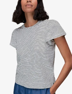 Whistles Striped Frill-sleeve Cotton-jersey T-shirt -Whistles Store R03939555 MULTICOLOURED ALT02