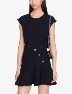 Sandro Ross Frilled-hem Tweed Mini Dress -Whistles Store R03967162 NOIRGRIS ALT02