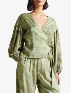 Ted Baker Voilete Balloon-sleeved Wrap Woven Blouse 8 Ted Baker Voilete Balloon-sleeved Wrap Woven Blouse -Whistles Store R03971508 MIDGREEN ALT02