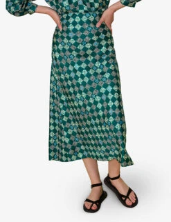 Whistles Checkerboard-print Bias-cut Silk Midi Skirt -Whistles Store R03974352 MULTICOLOURED ALT02