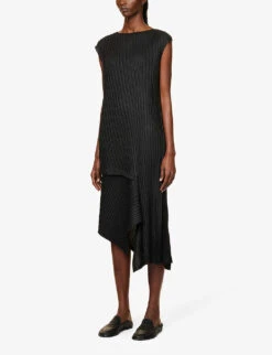 Issey Miyake Pleated Asymmetric-hem Woven Midi Dress -Whistles Store R03989575 BLACK ALT02