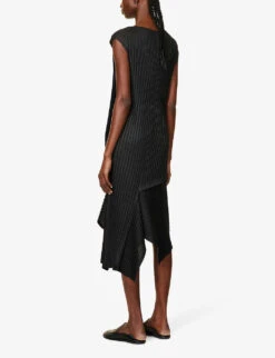 Issey Miyake Pleated Asymmetric-hem Woven Midi Dress -Whistles Store R03989575 BLACK ALT03
