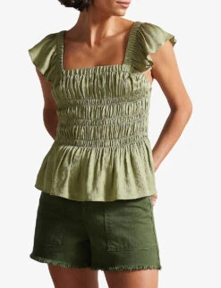 Ted Baker Smocked Satin Top -Whistles Store R03990213 MIDGREEN ALT02