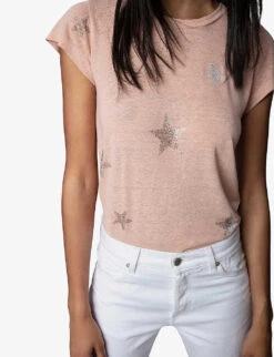 Zadig & Voltaire Star-pattern Diamante-embellished Cotton-blend T-shirt -Whistles Store R04000175 SUGAR ALT04