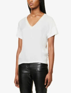 Ikks Metallic Ribbed V-neck Woven T-shirt -Whistles Store R04063153 ECRU ALT02