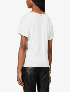 Ikks Metallic Ribbed V-neck Woven T-shirt -Whistles Store R04063153 ECRU ALT03