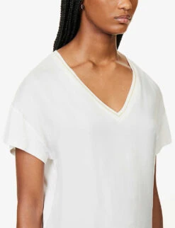 Ikks Metallic Ribbed V-neck Woven T-shirt -Whistles Store R04063153 ECRU ALT04