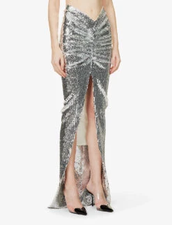 ALAIA Sequin-embellished Gathered Stretch-woven Maxi Skirt -Whistles Store R04076347 ARGENT ALT02