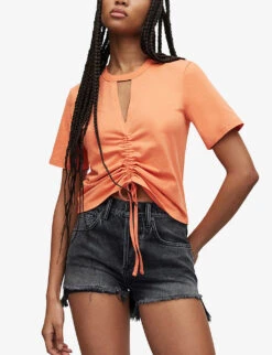 AllSaints Gigi Drawstring Cotton T-shirt -Whistles Store R04086668 FLUROORANGE ALT02