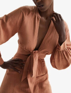 Reiss Axelle Cropped Linen-blend Blouse -Whistles Store R04087059 RUST ALT04