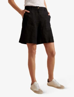 Longline Relaxed-fit Linen Shorts -Whistles Store R04097408 BLACK ALT02