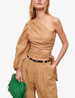 Maje Asymmetric Balloon-sleeve Cotton Top -Whistles Store R04101578 NATURELS ALT02