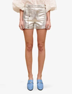 Maje Metallic Straight-cut Leather Shorts -Whistles Store R04101766 NOIRGRIS ALT02