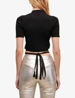Maje Tie-waist Cropped Stretch-knit Top -Whistles Store R04101795 NOIRGRIS ALT03