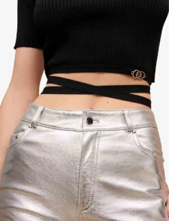 Maje Tie-waist Cropped Stretch-knit Top -Whistles Store R04101795 NOIRGRIS ALT04