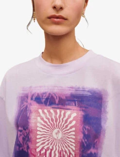 Maje Taloha Graphic-print Cropped Cotton-jersey T-shirt -Whistles Store R04101857 VIOLETS ALT04