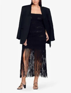 Sandro Fringed-bustier Woven Maxi Dress -Whistles Store R04102678 NOIRGRIS ALT01