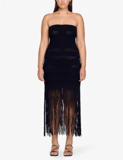 Sandro Fringed-bustier Woven Maxi Dress -Whistles Store R04102678 NOIRGRIS ALT02