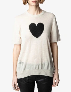 Zadig & Voltaire Ida Heart-motif Cashmere T-shirt -Whistles Store R04105494 SUGAR ALT02