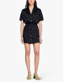 Sandro Julienne Tied-waist Cut-out Woven Mini Dress -Whistles Store R04111173 NOIRGRIS ALT02