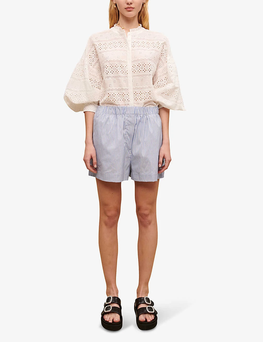 Maje Striped Elasticated-waist Stretch Cotton-blend Shorts 4 Maje Striped Elasticated-waist Stretch Cotton-blend Shorts - Image 2