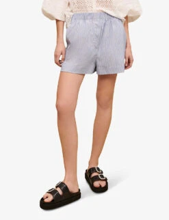 Maje Striped Elasticated-waist Stretch Cotton-blend Shorts 9 Maje Striped Elasticated-waist Stretch Cotton-blend Shorts -Whistles Store R04121176 BLEUS ALT02