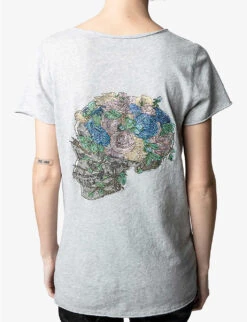 Zadig & Voltaire Henley Skull And Floral-embellished Cotton-jersey T-shirt 10 Zadig & Voltaire Henley Skull And Floral-embellished Cotton-jersey T-shirt -Whistles Store R04121844 GRISCHINE ALT03