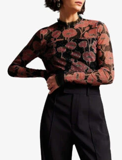 Ted Baker Maggann Floral-print Frilled-trim Stretch-mesh Top -Whistles Store R04126375 BLACK ALT02