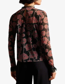 Ted Baker Maggann Floral-print Frilled-trim Stretch-mesh Top -Whistles Store R04126375 BLACK ALT03