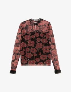 Ted Baker Maggann Floral-print Frilled-trim Stretch-mesh Top