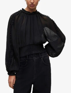 AllSaints Thallo Balloon-sleeve Recycled-polyester Top -Whistles Store R04127003 BLACK ALT02