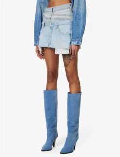 Abstract-panels Distressed Upcycled Denim Mini Skirt -Whistles Store R04127905 MIDBLUE ALT02