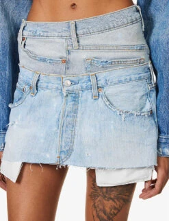 Abstract-panels Distressed Upcycled Denim Mini Skirt -Whistles Store R04127905 MIDBLUE ALT05