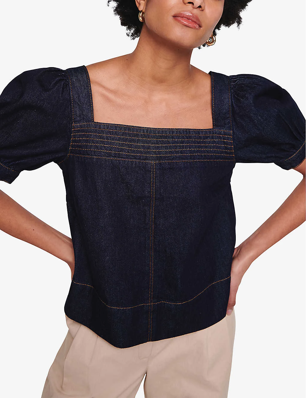 Honor Puff-sleeved Square-neck Organic-denim Top 5 Honor Puff-sleeved Square-neck Organic-denim Top - Image 3