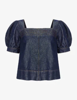 Honor Puff-sleeved Square-neck Organic-denim Top