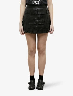 THE KOOPLES Fringed Leather Mini Skirt -Whistles Store R04130006 BLA01 ALT02