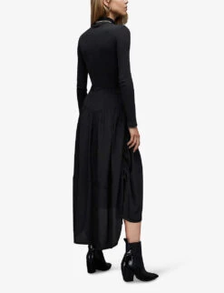 AllSaints Kaye Asymmetric-hem Woven Midi Skirt -Whistles Store R04131331 BLACK ALT03