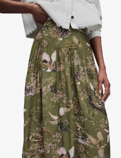 AllSaints Kaye Peggy Patterned Regular-fit Woven Midi Skirt -Whistles Store R04131449 KHAKIGREEN ALT04