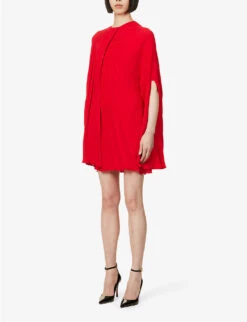 Valentino Pleated Cape-sleeve Silk-crepe Mini Dress -Whistles Store R04135620 ROSSO ALT02