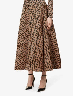 Valentino Monogram-print A-line Satin Midi Skirt -Whistles Store R04135633 LIGHTCAMELNERO ALT02