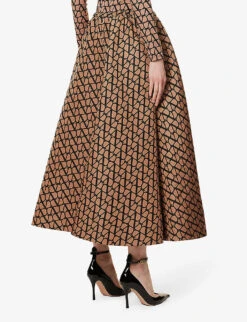 Valentino Monogram-print A-line Satin Midi Skirt -Whistles Store R04135633 LIGHTCAMELNERO ALT03