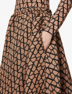 Valentino Monogram-print A-line Satin Midi Skirt -Whistles Store R04135633 LIGHTCAMELNERO ALT04